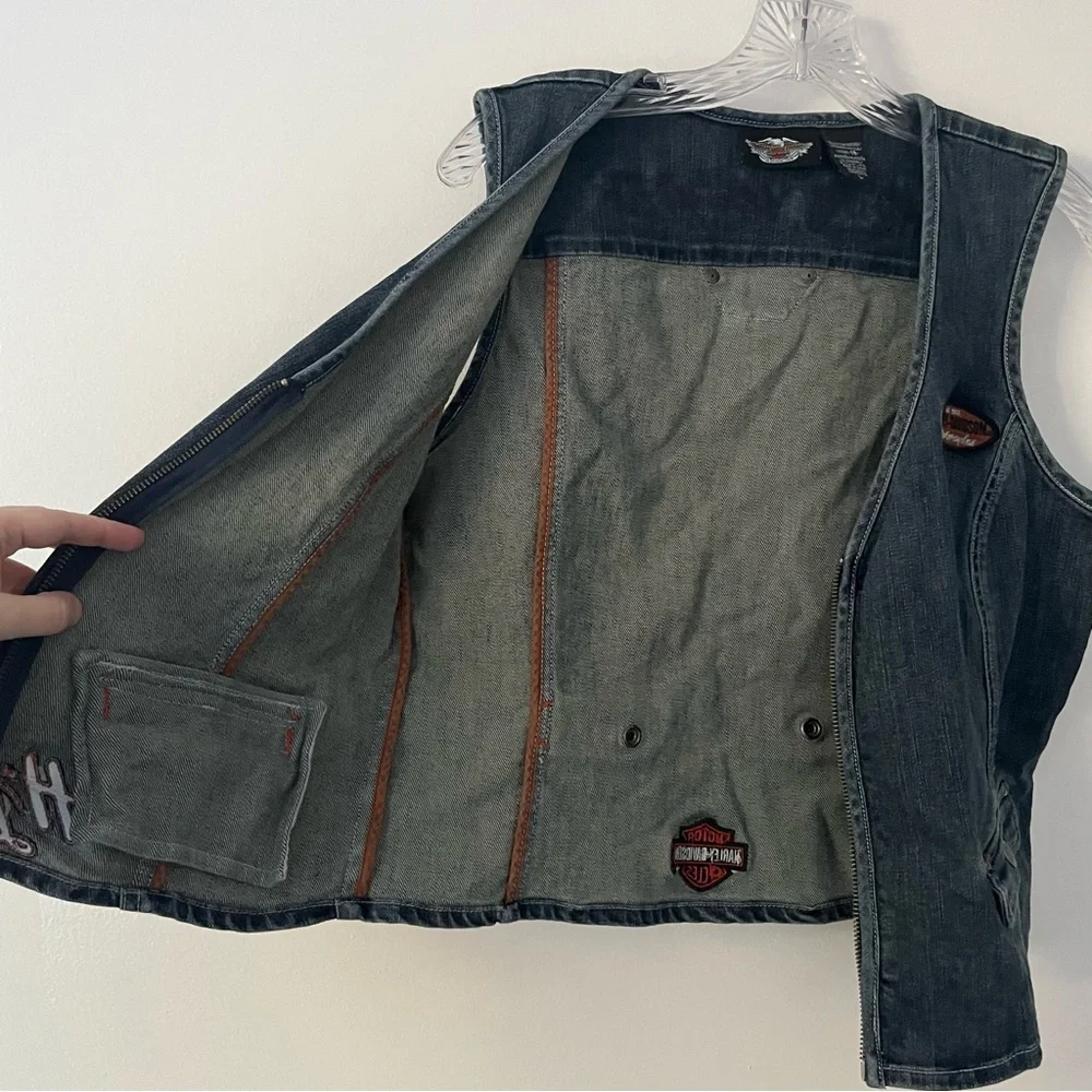 Harley Davidson Denim Zip Blue Motorcycle Patch Vest Large - Picture 4 of 8